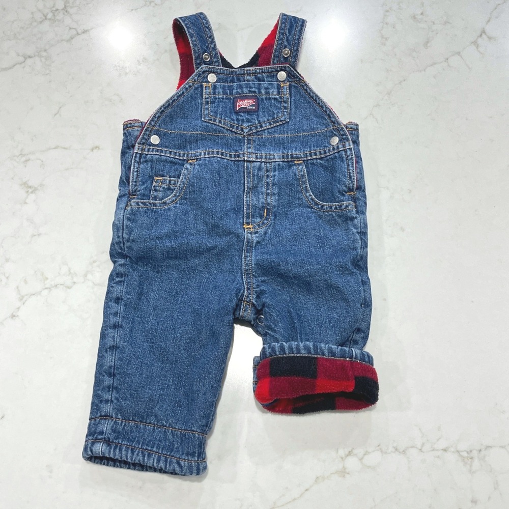 Old Navy Denim Overalls Baby 0-3 Months Blue Y2K Fleece Lined Buffalo Plaid